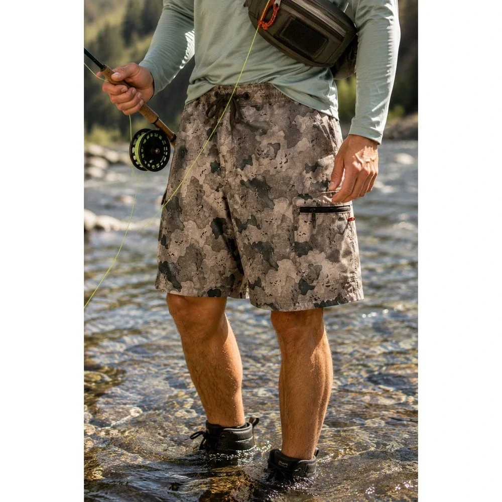 Simms Hex Camo Fishing Cargo Shorts Zip Pocket Wading Outdoor Brown Gray XL